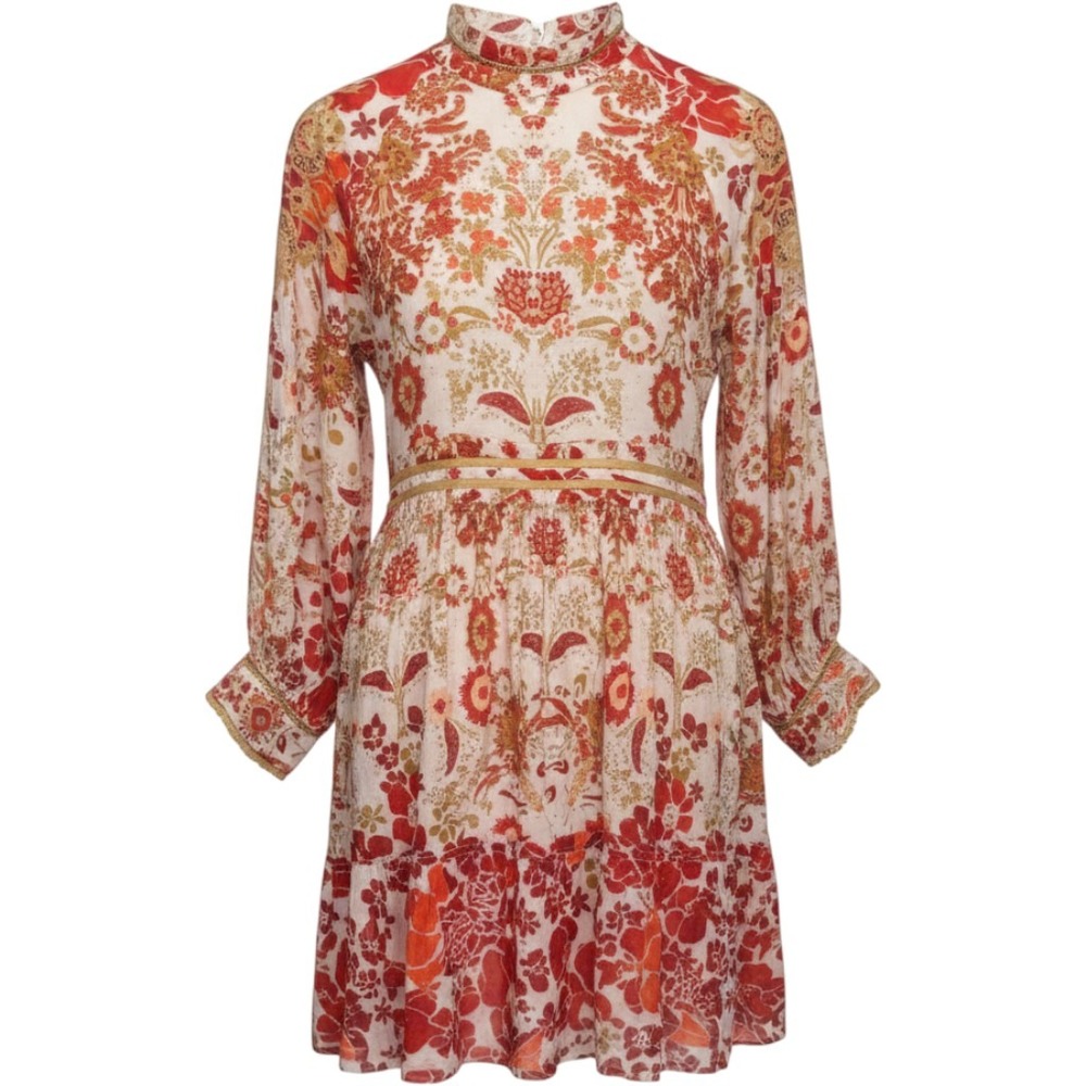 Free People Mini Dress Size S Red Gold Floral Paisley Mock Neck Tie Back Boho